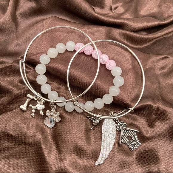 Set of 3 Handmade White Silver Two Bangles One Beaded Bracelets - Picture 2 of 3